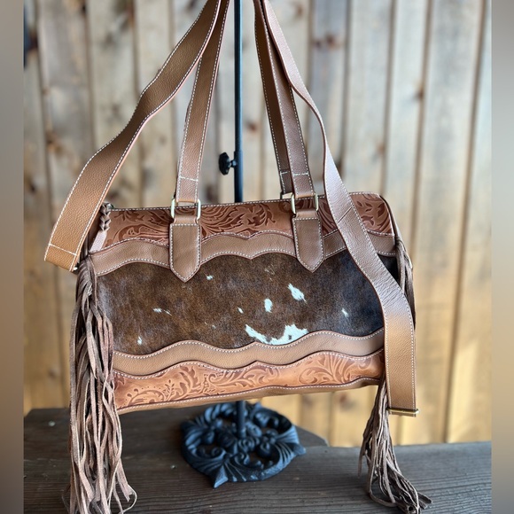 NEW Western Genuine Embossed Leather Cowhide Fringe Tassel Tan fall winter gift - Picture 4 of 13